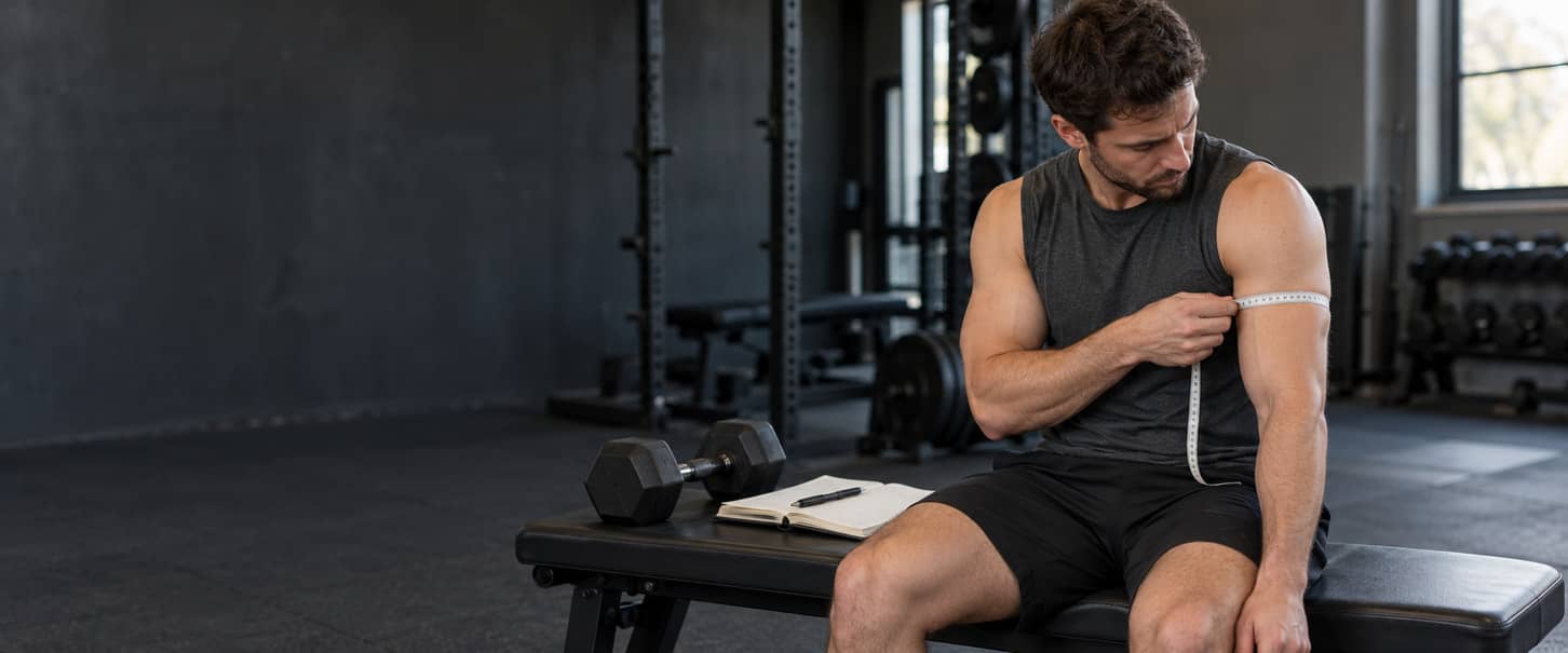 Man measuring his relaxed upper arm with a tape beside a dumbbell and training notebook.