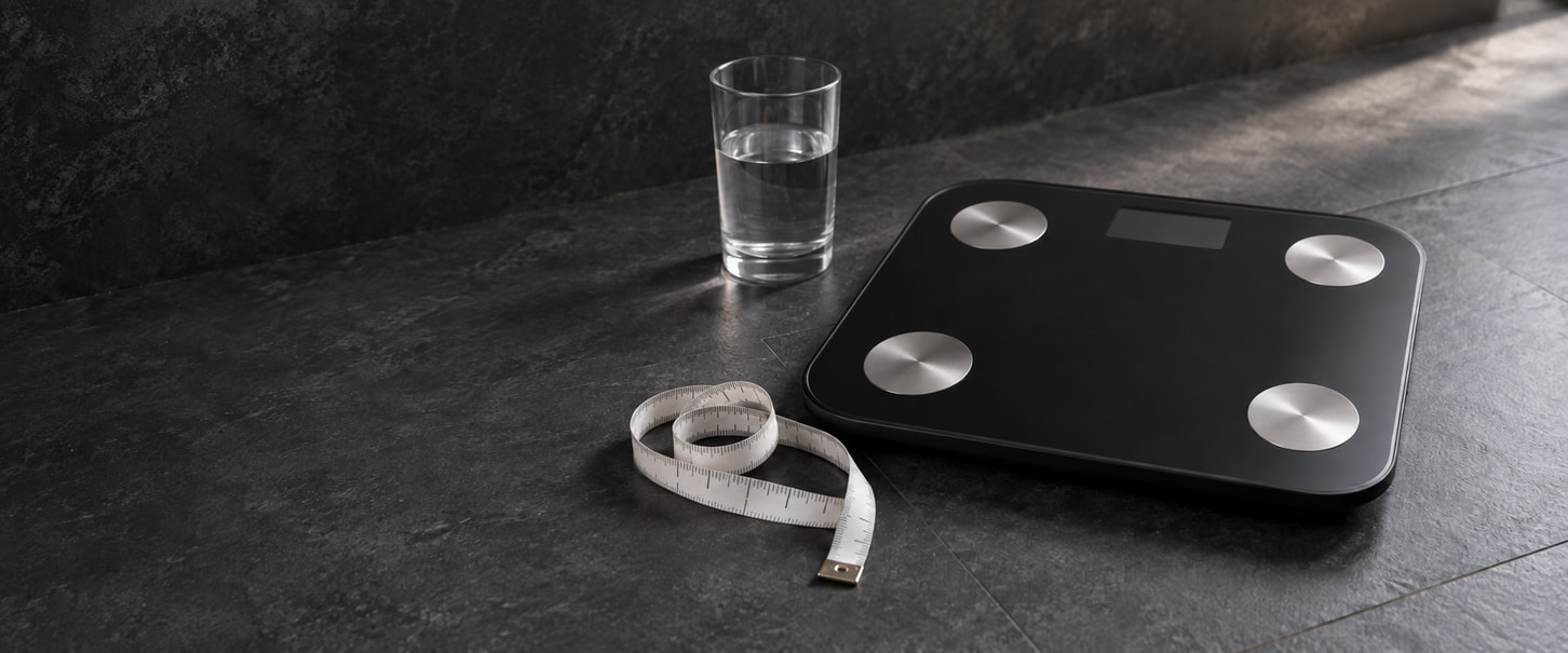 A black body-composition scale, coiled measuring tape and glass of water on a dark stone floor.