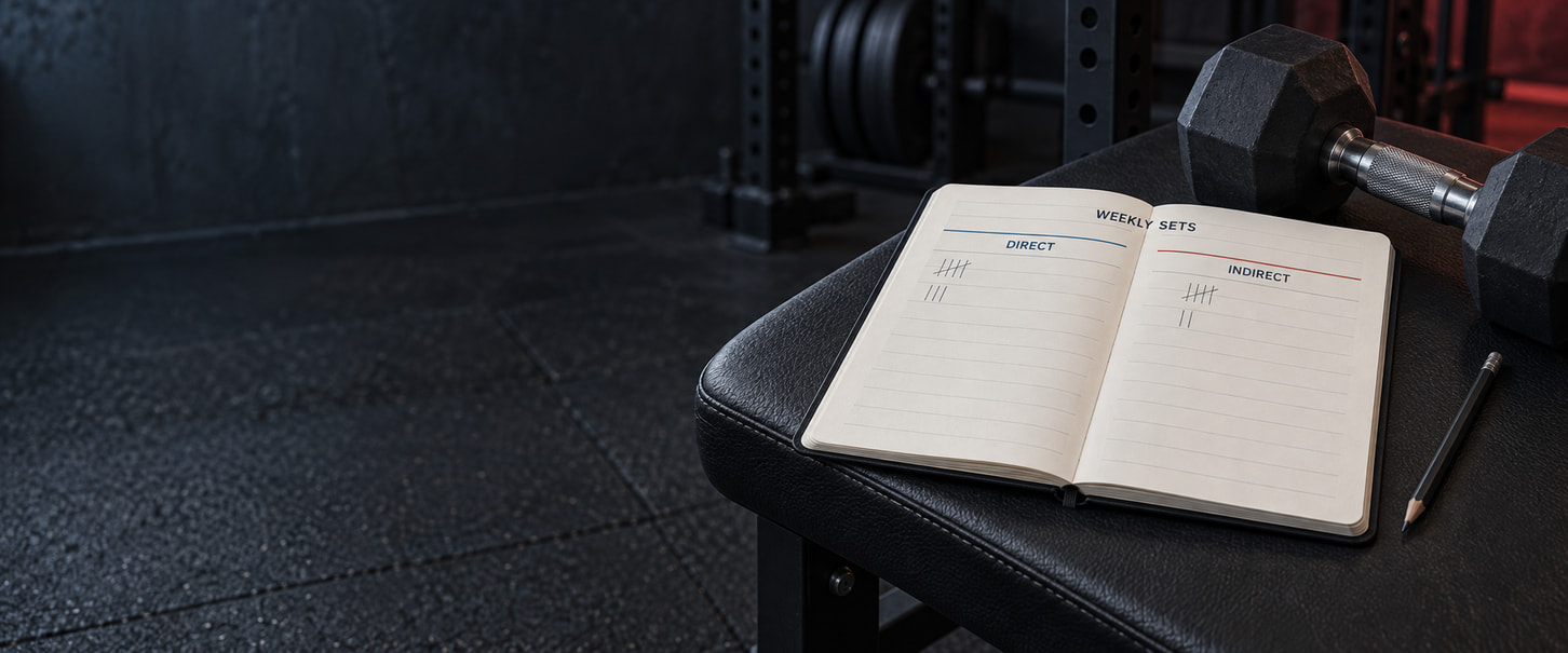 Open training log with direct and indirect set tallies beside a dumbbell.