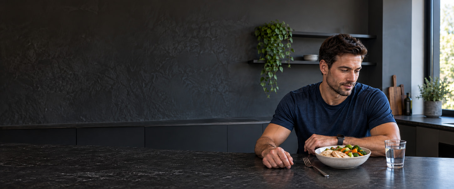 Man wearing a fitness watch seated beside a meal and a glass of water.