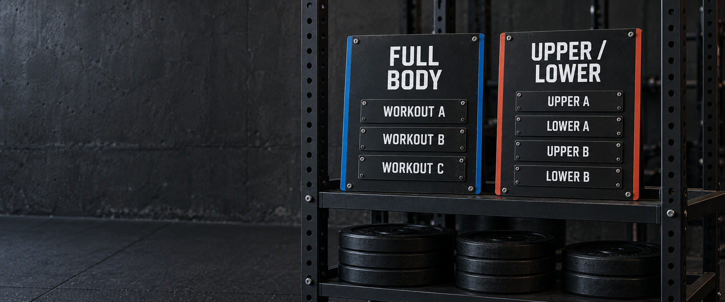 Full Body and Upper/Lower training-plan boards above stacked weight plates in a gym.