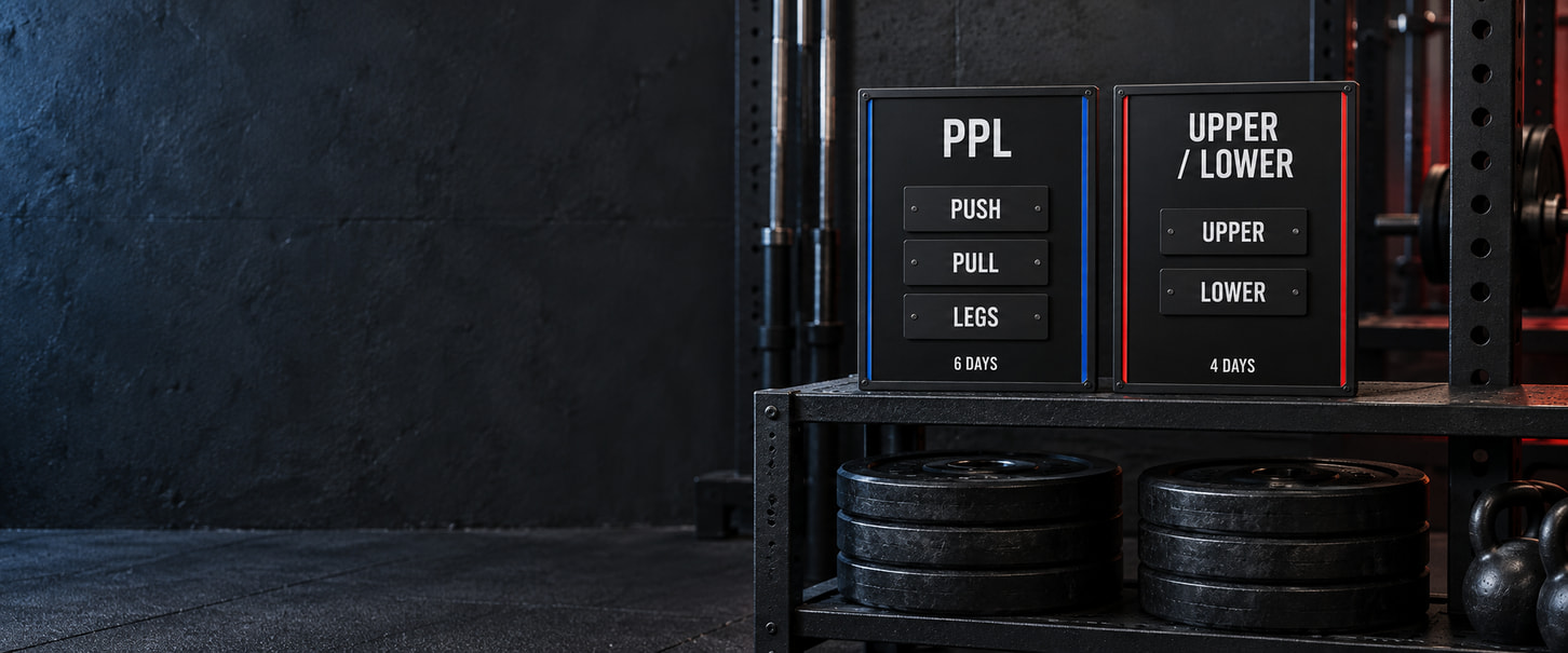 Training boards showing six-day PPL and four-day Upper/Lower splits.