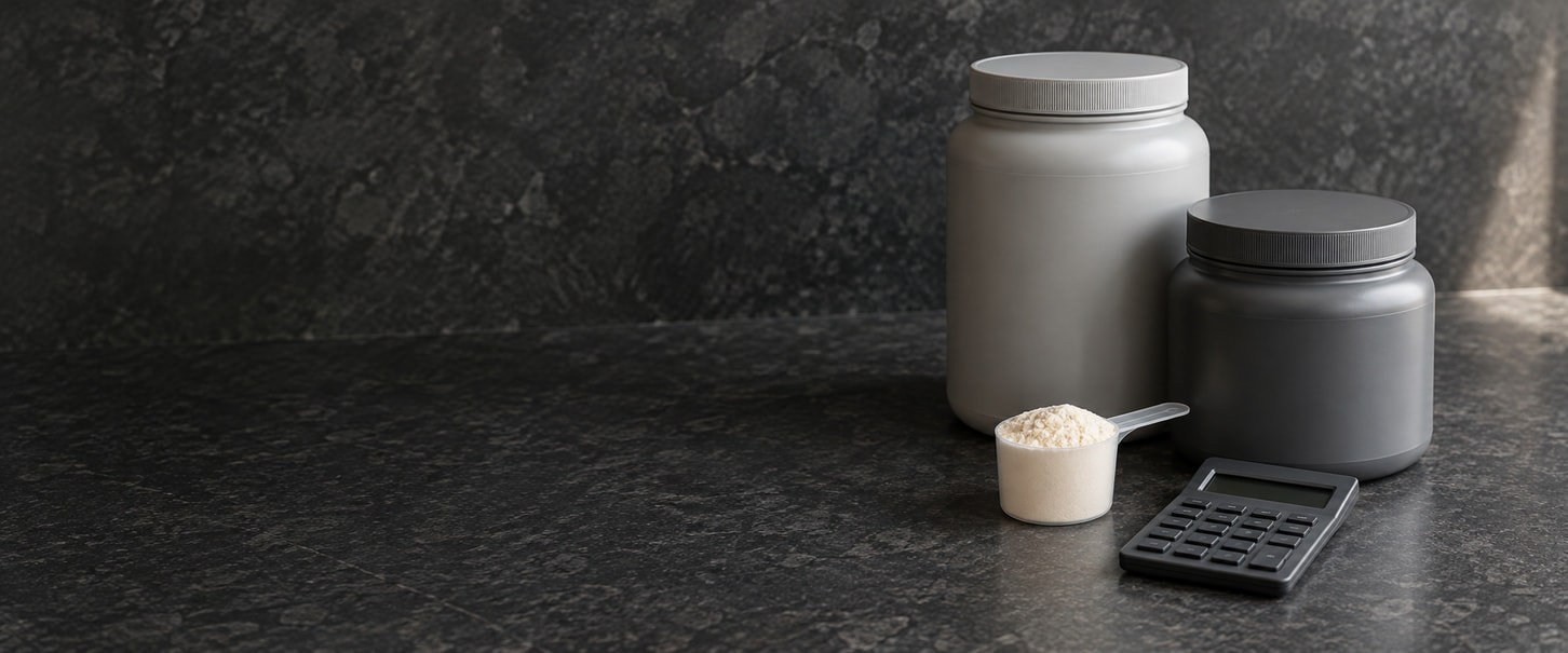 Two protein powder tubs, a scoop of powder and a calculator on a dark countertop.