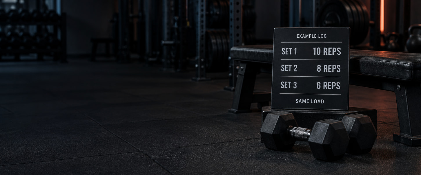 Example training log showing 10, 8 and 6 reps across three sets at the same load, beside dumbbells.