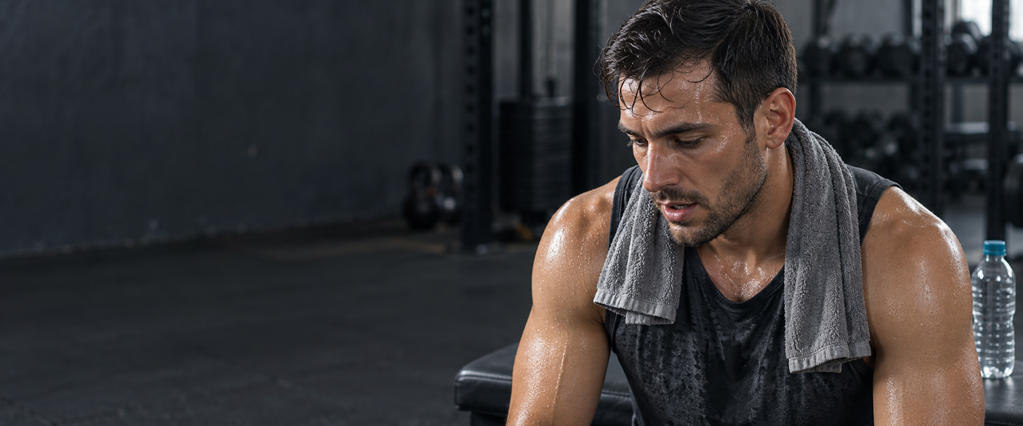 Sweating athlete resting after exercise with a towel around his neck and a water bottle beside him.
