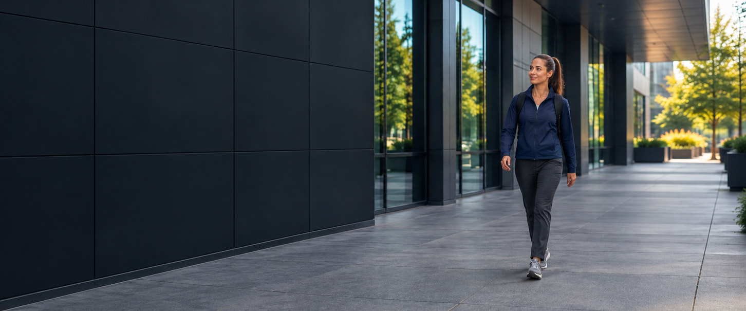 Woman walking with a backpack beside an office building.