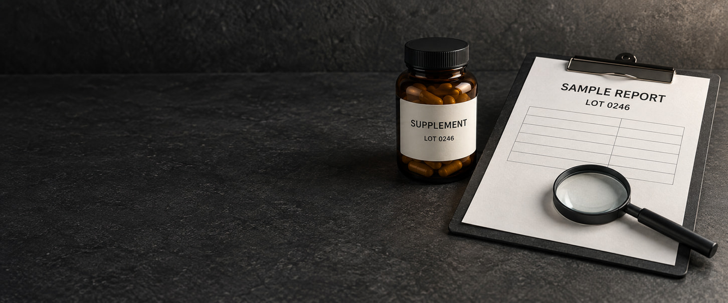An amber supplement bottle beside a sample report with a matching lot code and a magnifying glass.