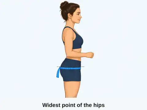 Original diagram showing a woman's hip measurement around the widest part of the buttocks