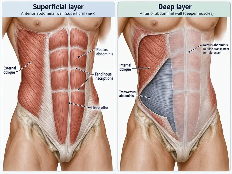 Original abdominal-wall anatomy showing rectus abdominis and external oblique superficially, with internal oblique and transversus abdominis in a deep-layer view.