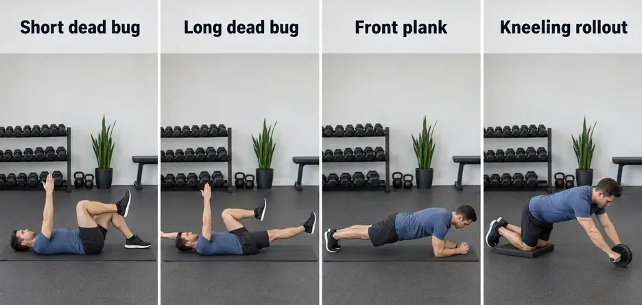 Four-stage anti-extension example showing a short dead bug, longer dead bug, front plank, and controlled kneeling ab-wheel rollout.