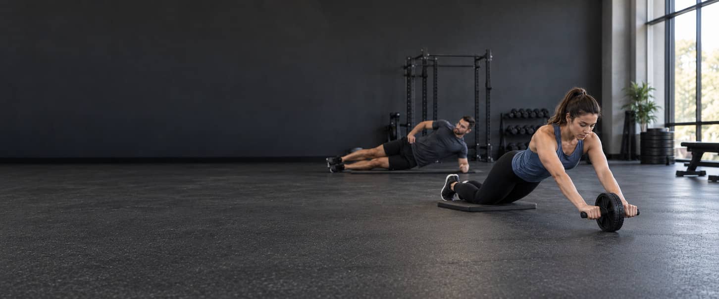 Woman performing a kneeling ab-wheel rollout with a man holding a side plank behind her