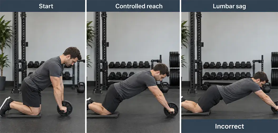 Kneeling ab-wheel rollout shown at the start, a controlled forward reach, and an overextended lumbar-sag error.