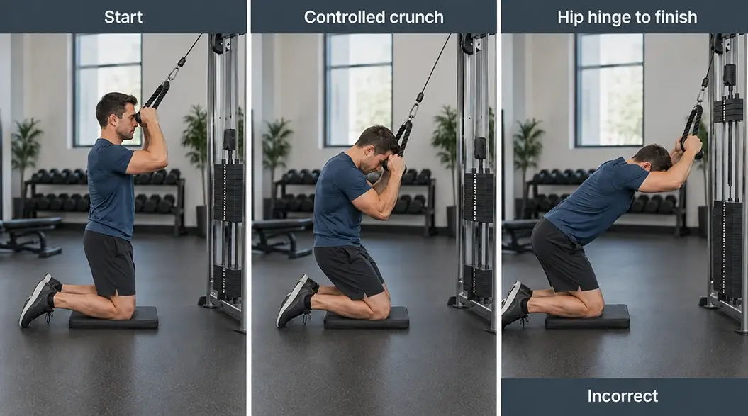 Cable crunch shown at the start, during controlled trunk flexion, and with an excessive hip-hinge error.