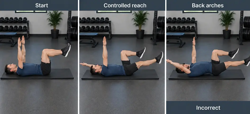 Dead bug shown at the starting position, a controlled opposite arm-and-leg reach, and an excessive reach that arches the lower back.