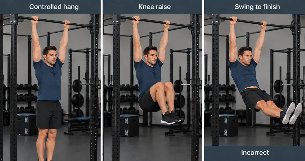 Hanging knee raise shown from a controlled hang to a bent-knee raise, plus a swinging momentum-driven error.
