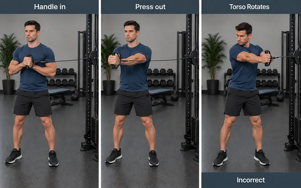 Pallof press shown with the handle at the torso, arms pressed out while resisting rotation, and a torso-rotation error.