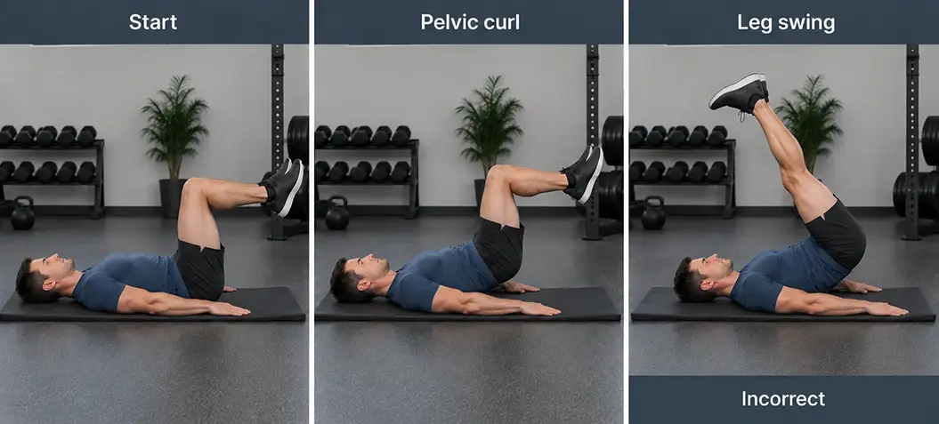 Reverse crunch shown at the bent-knee start, a small controlled pelvic curl, and a momentum-driven leg-swing error.