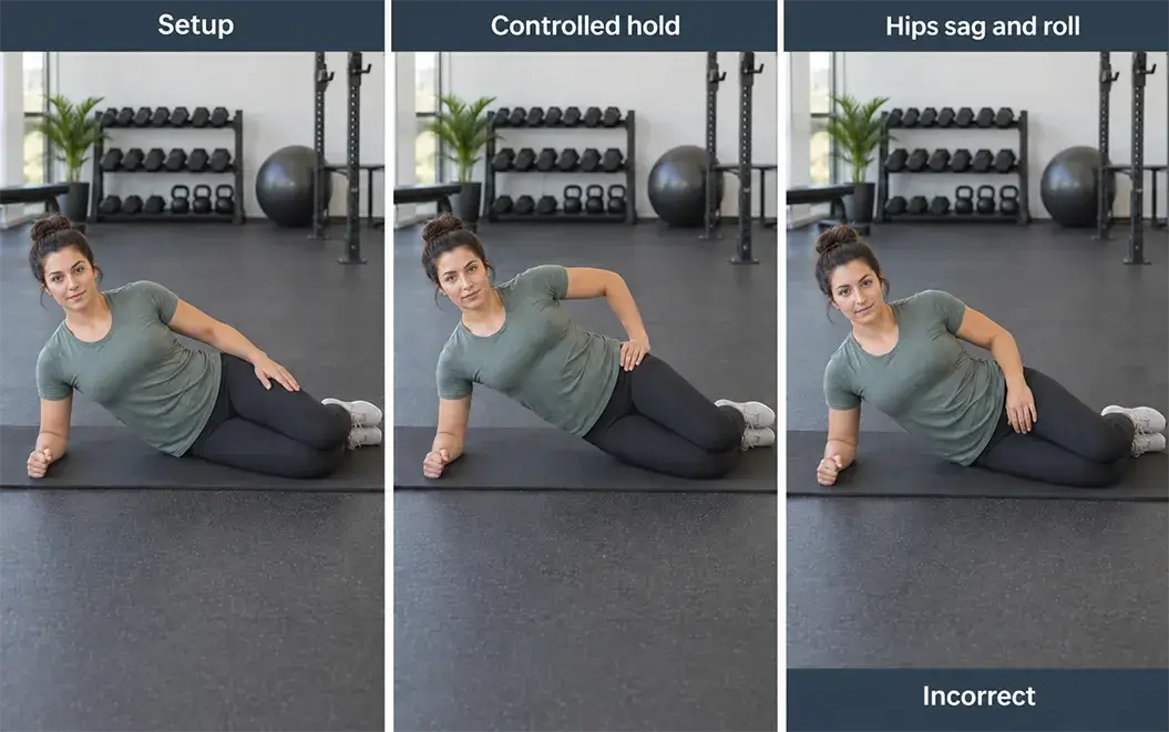 Side plank shown in the setup, a controlled hold, and an error with the hips sagging and torso rolling.
