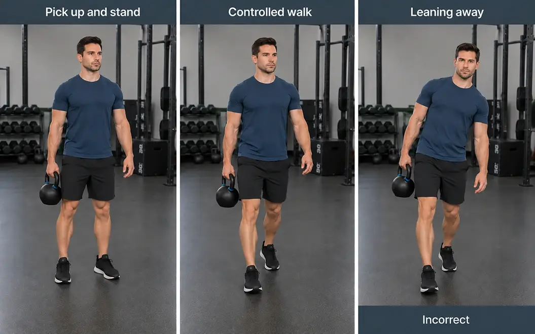 Suitcase carry shown at the standing setup, during a controlled walk, and with an excessive lean away from the weight.
