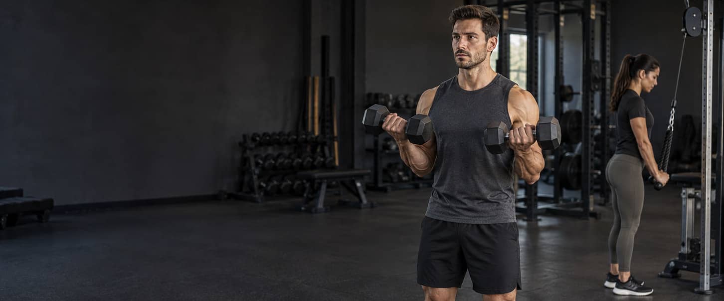 Man performing dumbbell curls with a woman doing rope triceps pressdowns in the background.