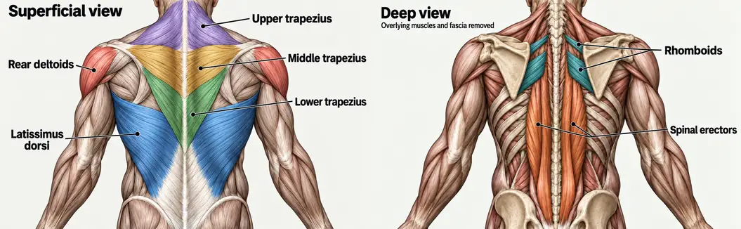 Posterior back anatomy labeling the lats, three trapezius regions, rear deltoids, rhomboids and spinal erectors, with a separate deep-layer view.