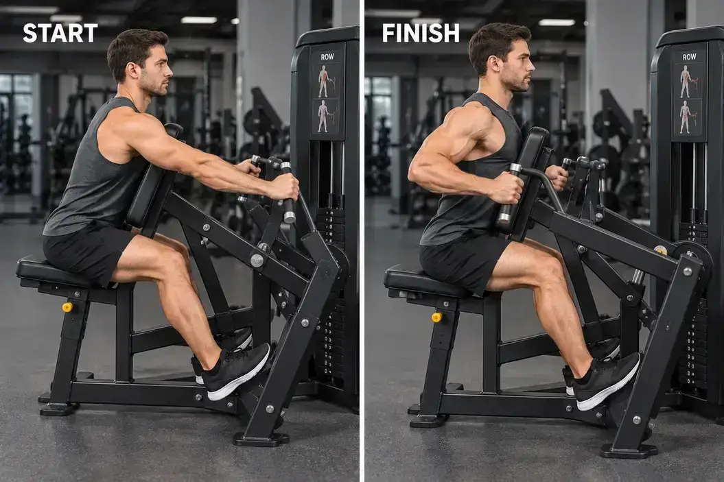 Start and finish of a chest-supported machine row, showing arms extended and handles drawn back beside the torso.