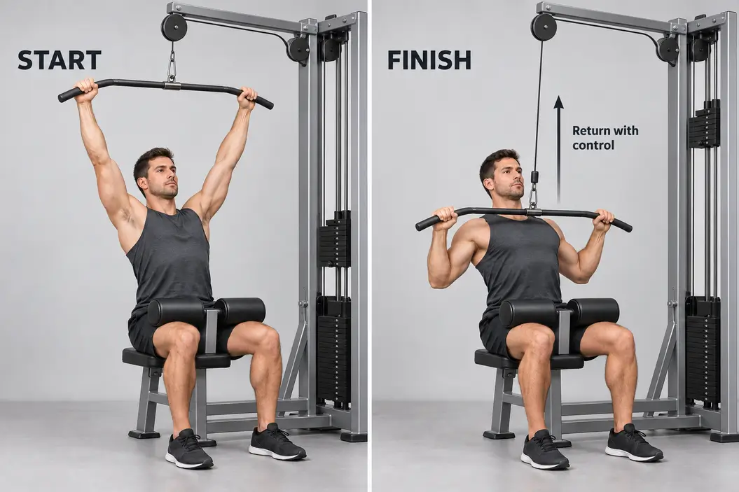 Two-panel lat pulldown showing the overhead start and front-of-body finish, with thigh support and a steady torso.
