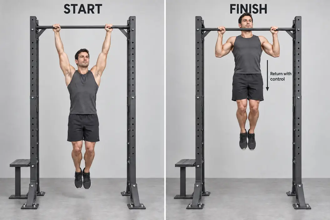 Two-panel pull-up showing a controlled hanging start and a raised finish with the chin near bar height.