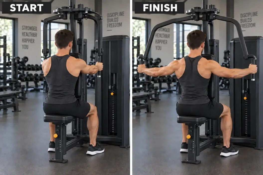 Start and finish of a reverse pec deck, viewed from behind, with the arms moving from in front of the body out to the sides.