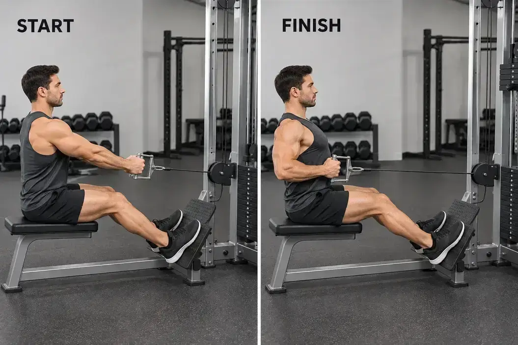 Start and finish of a seated cable row, with feet braced on footplates and the handle moving from an extended-arm position towards the torso.