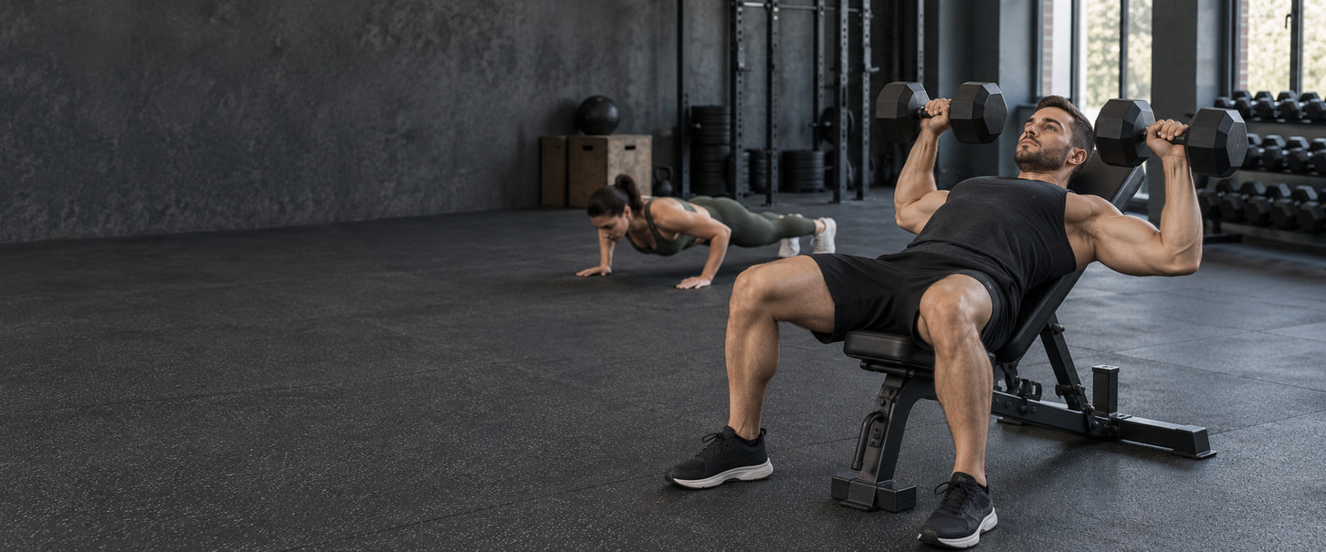 Man performing an incline dumbbell chest press with a woman doing a push-up behind him