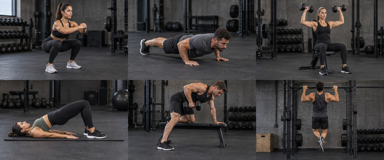 Six exercise demonstrations: squat, push-up, shoulder press, glute bridge, dumbbell row and pull-up