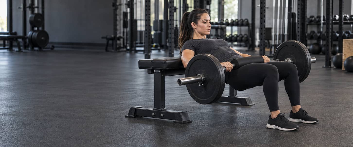 Woman performing a bench-supported barbell hip thrust with padding at her hip crease and both feet planted on the floor.