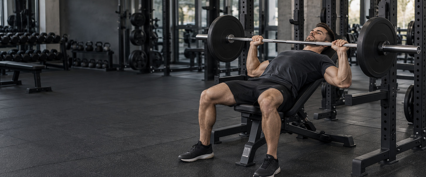 Man performing an incline barbell bench press on an adjustable bench inside a power rack.