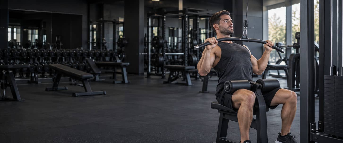 Man performing a seated lat pulldown with an overhand grip, thigh restraint and cable attachment in front of his upper chest