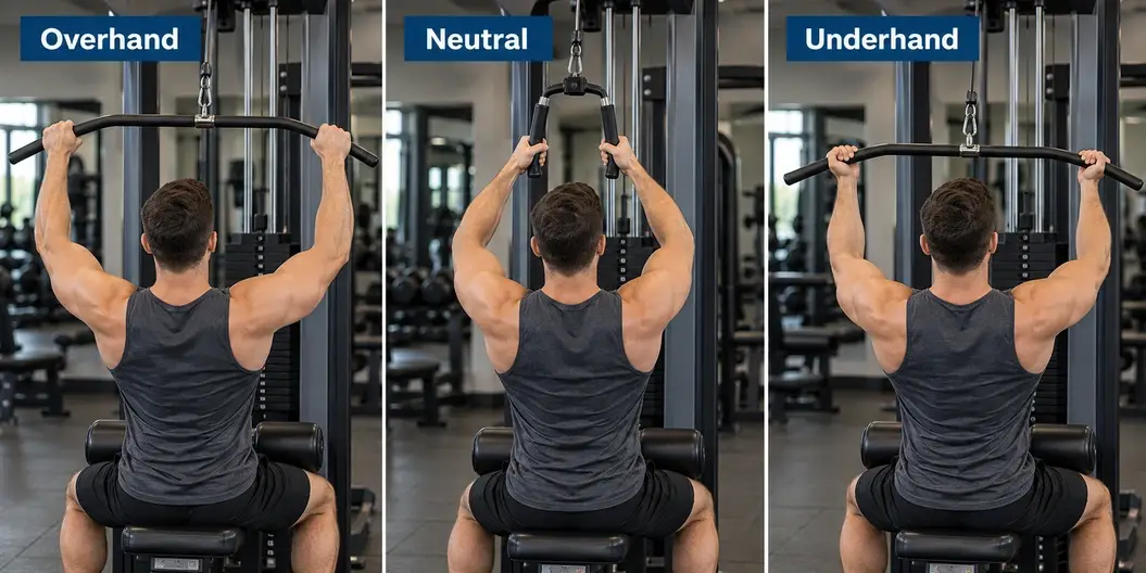 Rear views comparing overhand, neutral and underhand lat pulldown grips.