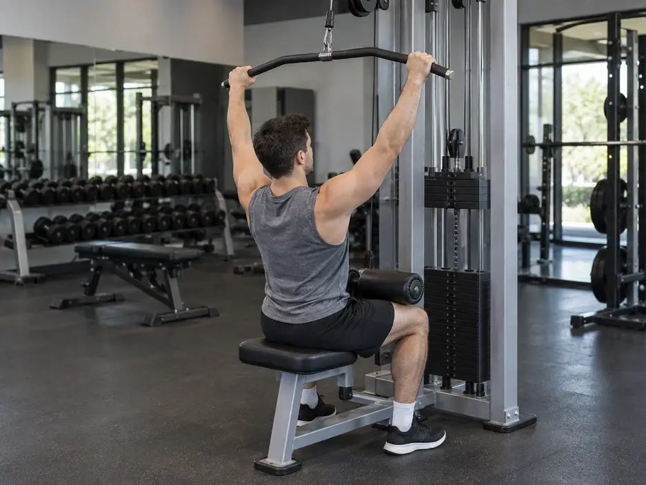 Seated lat pulldown setup with feet on the floor, thighs beneath the restraint and hands gripping the overhead bar.