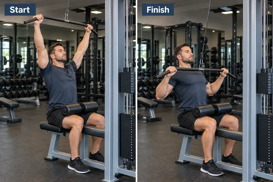 Start and finish of a seated lat pulldown, with the bar overhead and then lowered in front toward the upper chest.