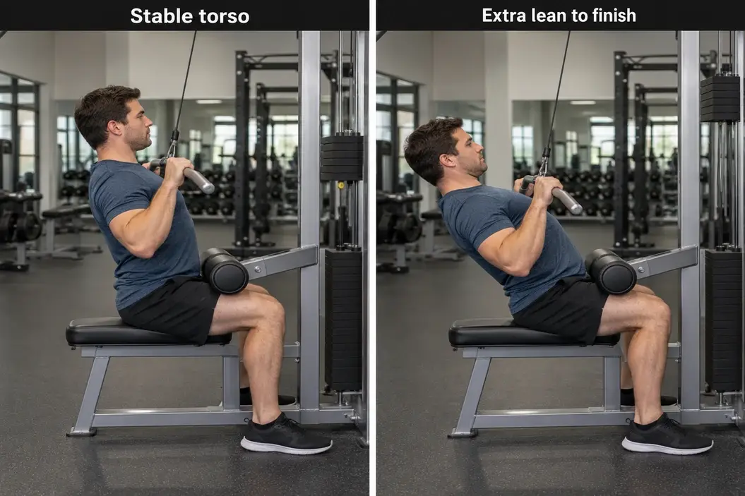 Side-by-side lat pulldown finishes comparing a steady torso position with extra backward lean.
