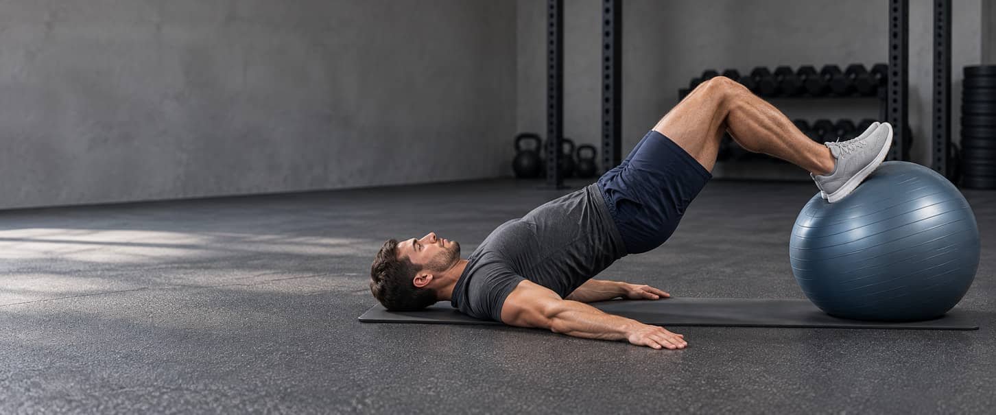 Man performing a stability-ball leg curl with knees bent and hips raised.