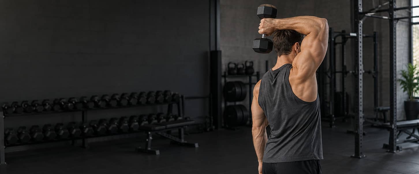Man performing a standing single-arm overhead dumbbell triceps extension in a gym.
