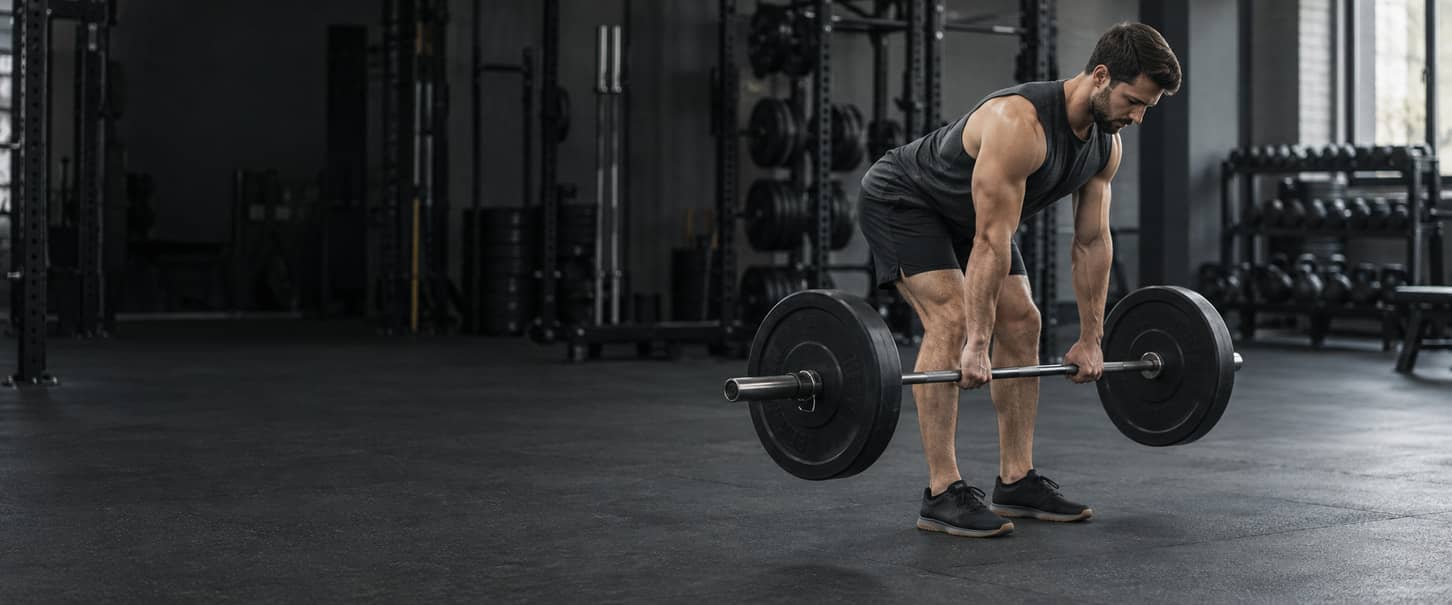 Man performing a barbell Romanian deadlift with hips pushed back, softly bent knees and the bar close to his legs.