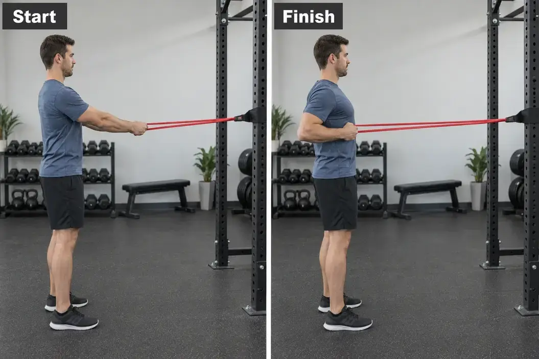 Start and finish of a standing resistance-band row, with the band anchored to a rack and handles pulled toward the torso.