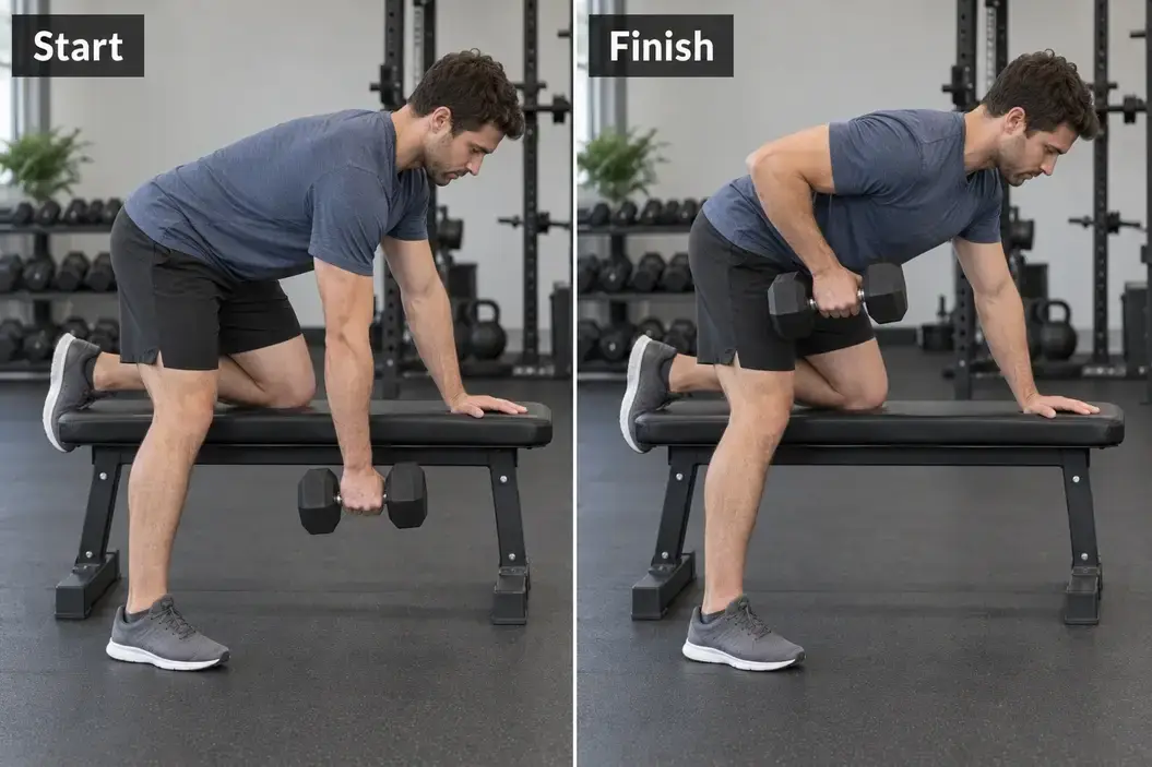 Start and finish of a one-arm dumbbell row, with the opposite hand and knee supported on a bench and the working-side foot on the floor.