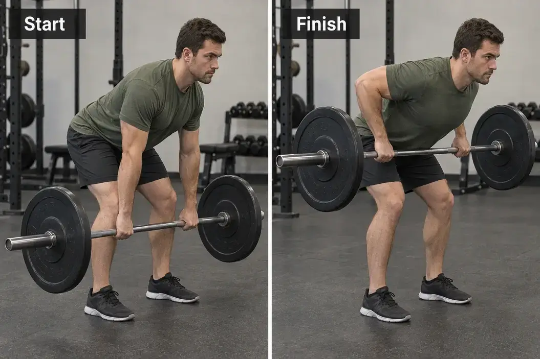 Start and finish of a bent-over barbell row, showing a hip-hinge position with the bar hanging below the shoulders and then pulled toward the torso.