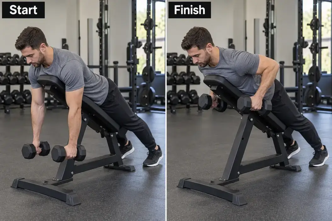 Start and finish of a chest-supported dumbbell row, with the chest resting on an incline bench and feet planted on the floor.