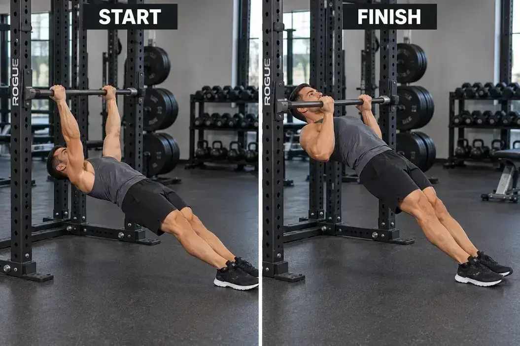 Start and finish of an inverted row, with feet on the floor as the body moves from straight arms toward a fixed bar.