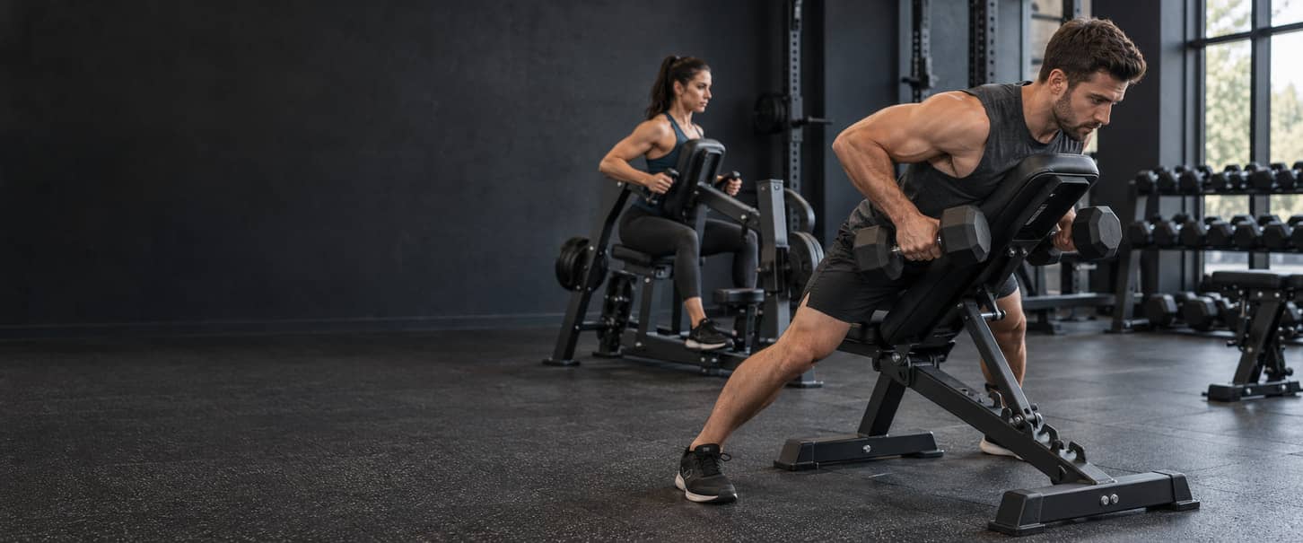 Man performing a chest-supported dumbbell row beside a woman using a chest-supported row machine