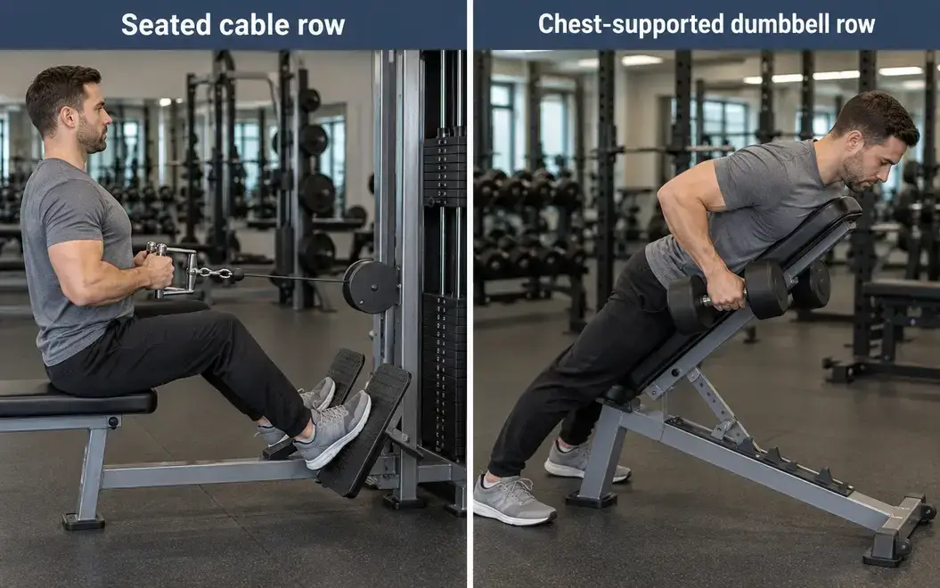 Side-by-side seated cable row and chest-supported dumbbell row, showing the different torso supports and equipment.