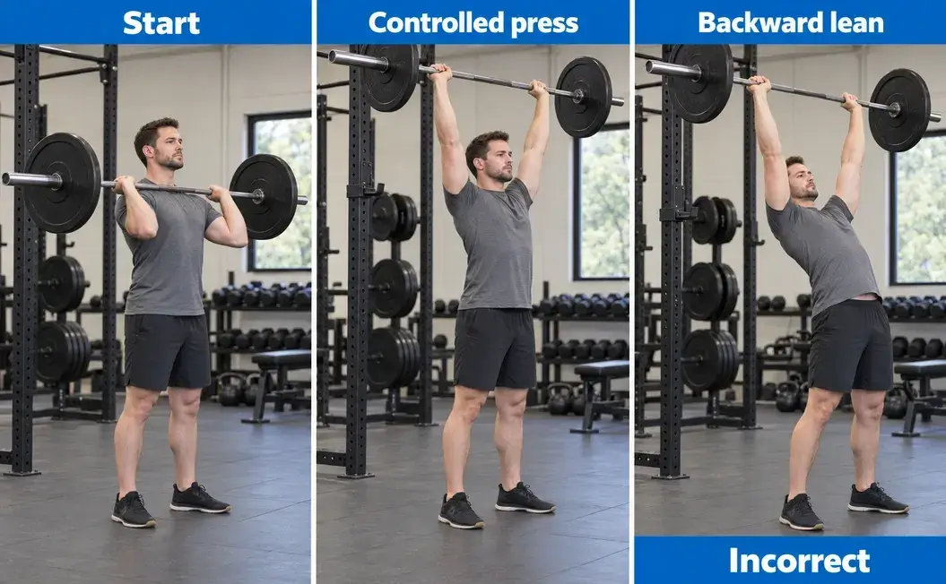 Standing barbell overhead press from the front-shoulder start to overhead, with excessive backward lean as the comparison error.